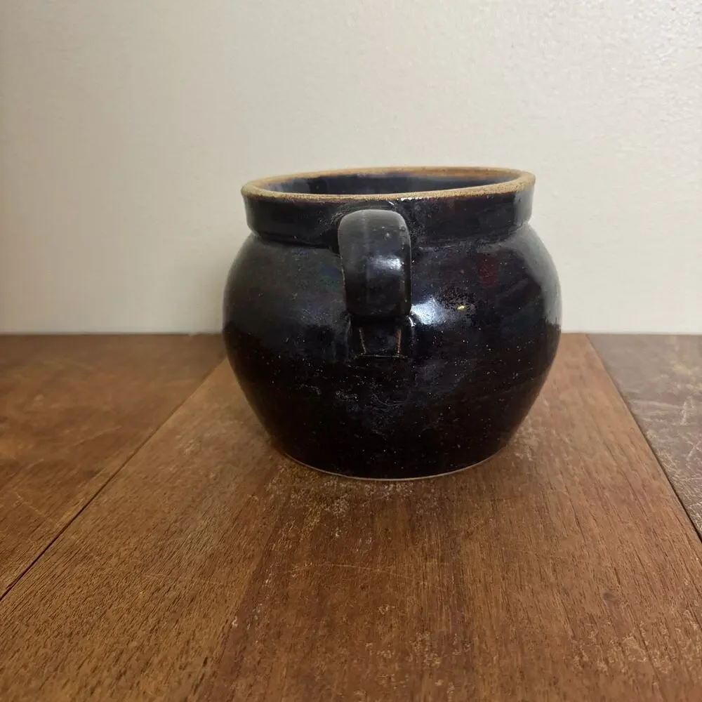 Vintage Antique Black Stoneware Bean Crock with‎ handle no lid planter Farmhouse